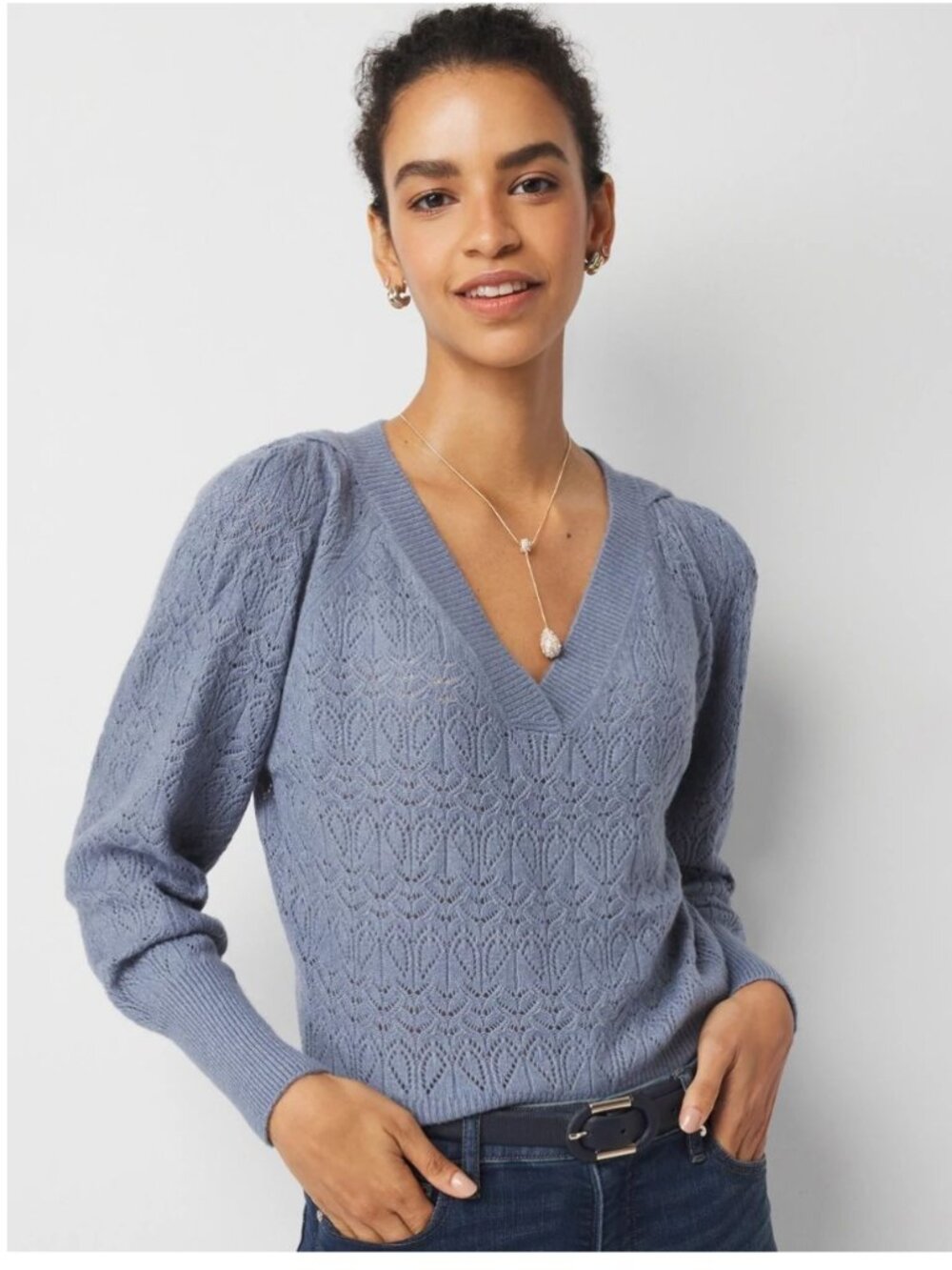 WHBM Pleated Shoulder Pointelle Sweater